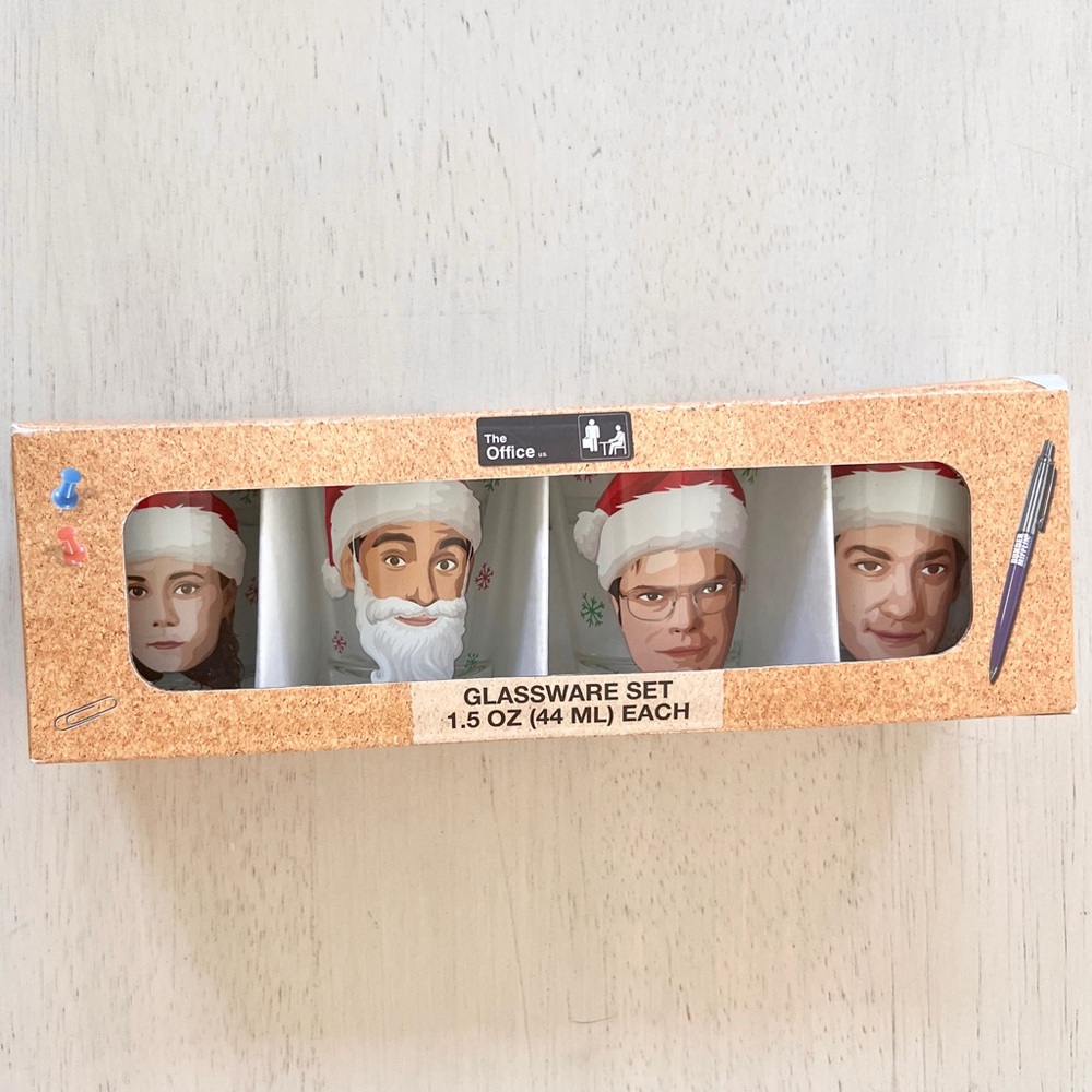 The Office Set of 4 Shot Glasses Christmas Santa Hats Pam Jim Dwight Michael New